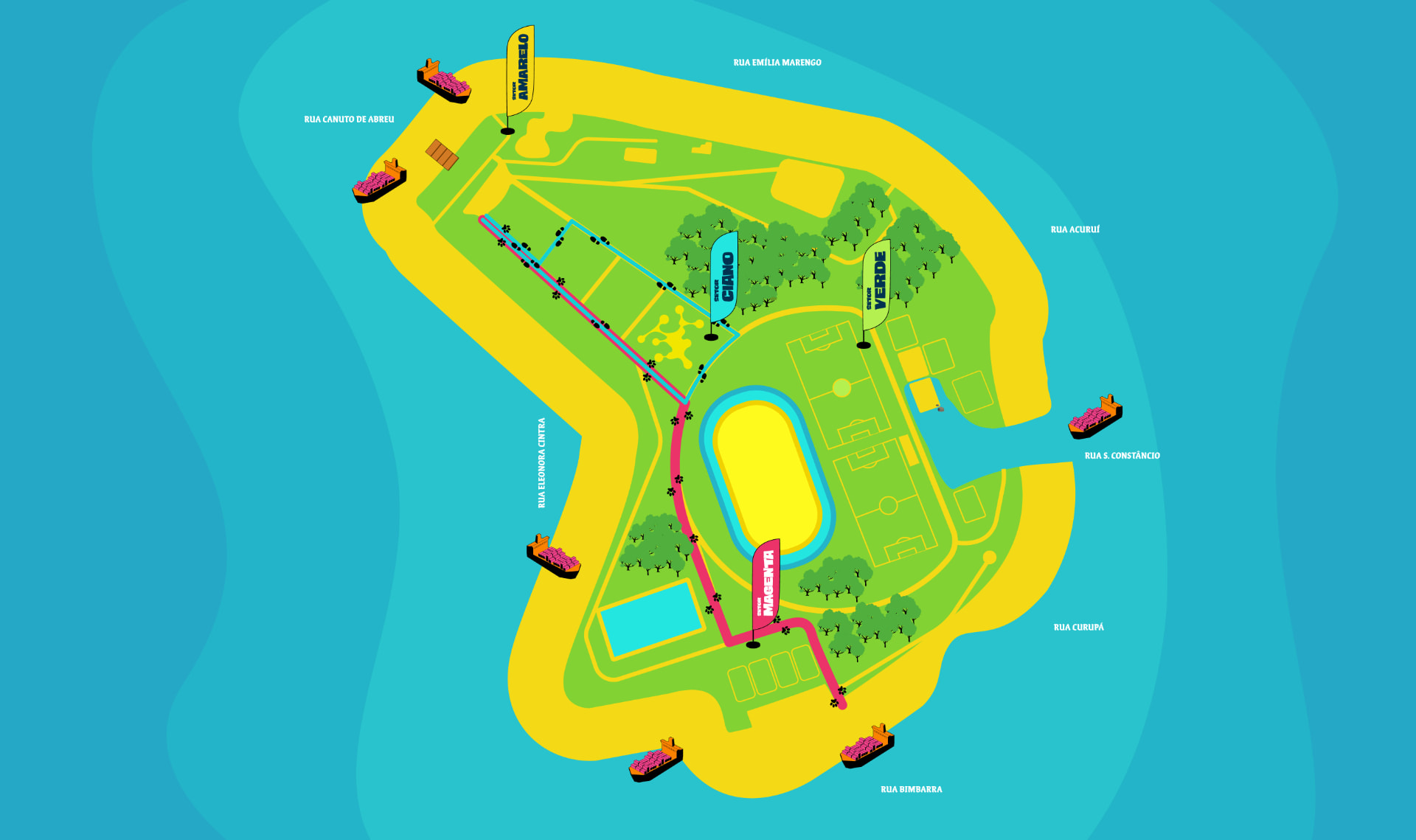 Mapa ilustrado do Sports Island no Parque CERET